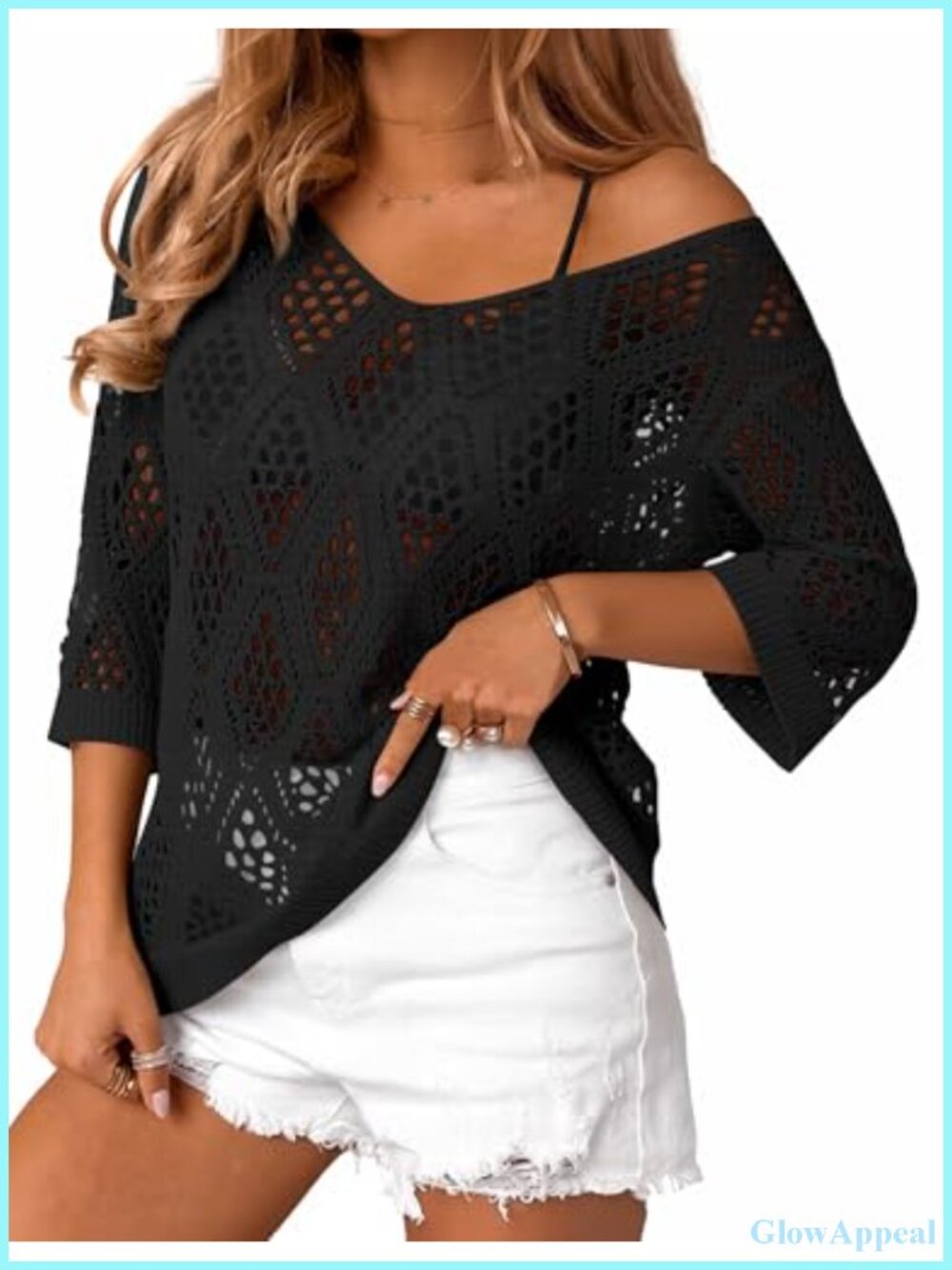 Women's Crochet V-Neck 3/4 Sleeve Sweater Cover Up Boho Off Shoulder